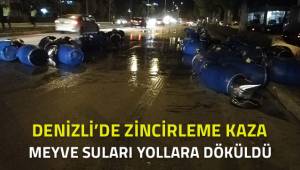 Zincirleme trafik kazası, tırda yüklü olan meyve suları yollara döküldü