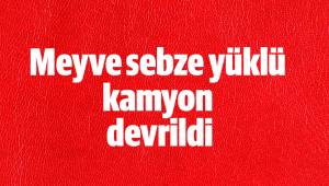 Meyve sebze yüklü kamyon devrildi