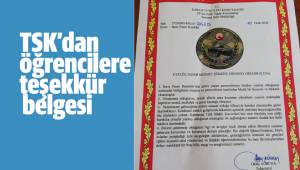TSK’dan öğrencilere teşekkür belgesi