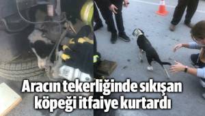 Aracın tekerliğinde sıkışan köpeği itfaiye kurtardı