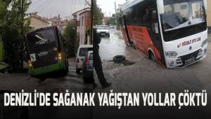 Denizli'de sağanak yağıştan çöken yollara araçlar saplandı