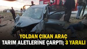 Yoldan çıkan otomobil, tarım aletlerine çarptı: 3 yaralı