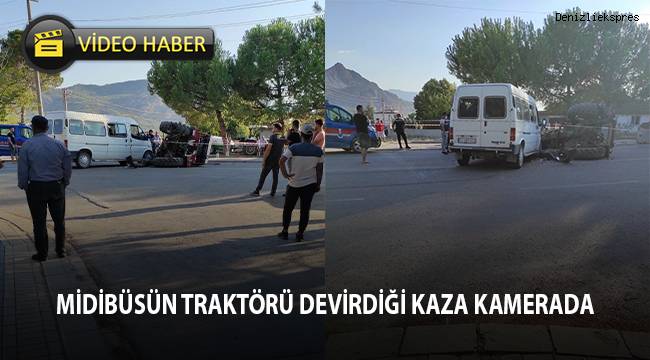 Midibüsün traktörü devirdiği kaza kamerada