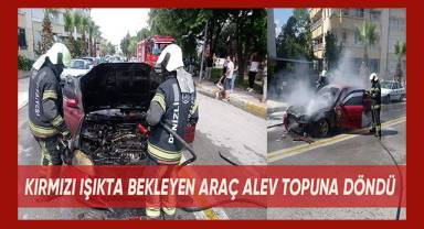 Kırmızı ışıkta bekleyen araç alev topuna döndü