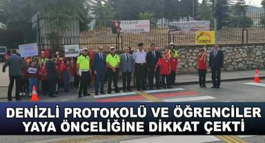 Denizli protokolü ve öğrenciler trafikte yaya önceliğine dikkat çekti