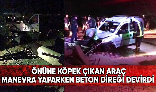 Önüne köpek çıkan araç manevra yaparken beton direği devirdi
