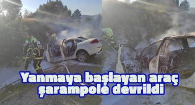Yanmaya başlayan araç şarampole devrildi