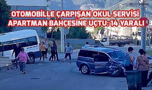 Otomobille çarpışan okul servisi apartman bahçesine uçtu: 14 yaralı