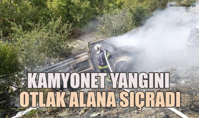 Kamyonet yangını otluk alana sıçradı